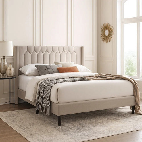 Liana Full Bed | Tufted Light Brown Burlap Upholstery | Foam Padding