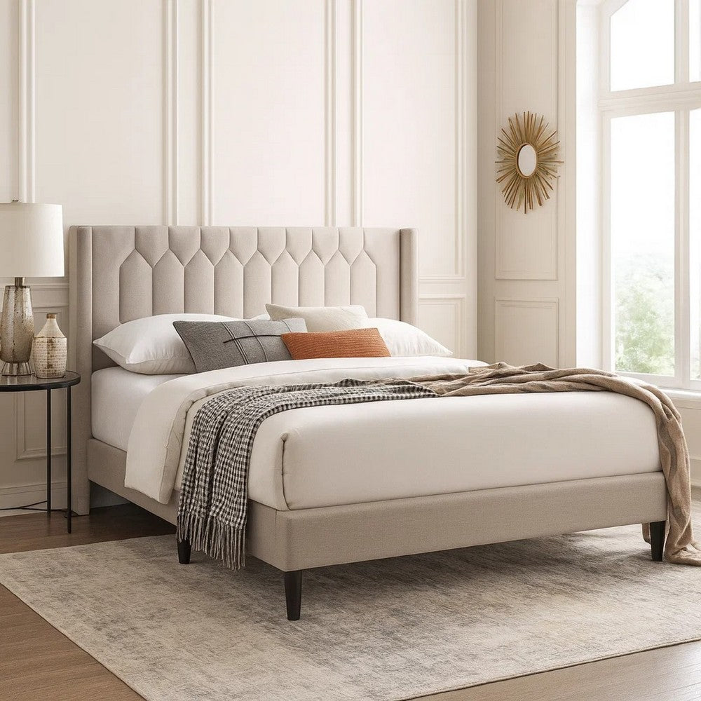 Liana Full Bed | Tufted Light Brown Burlap Upholstery | Foam Padding