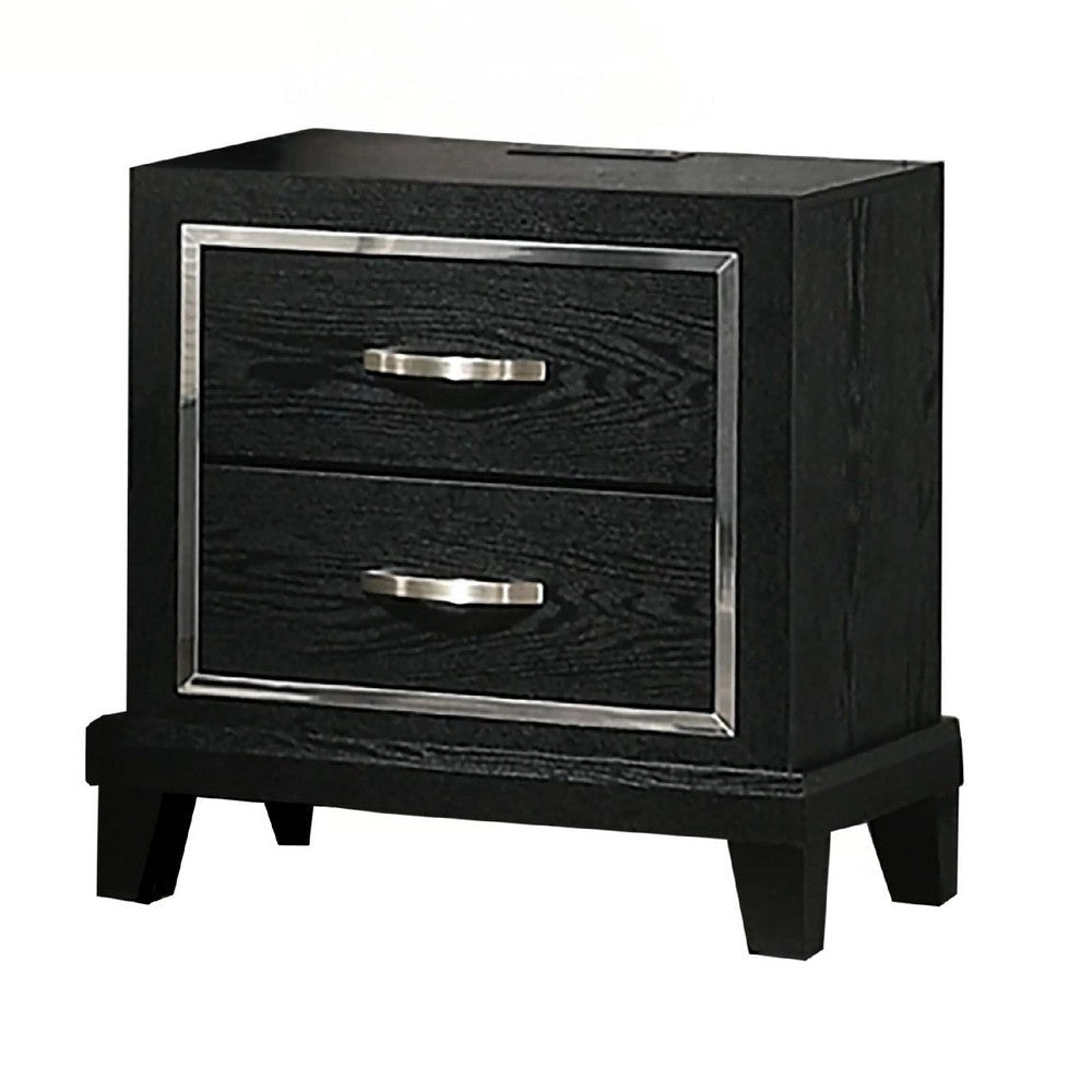 Nightstand w Charging Station | 2 Drawers | Black Rubberwood 24’’ BM341152