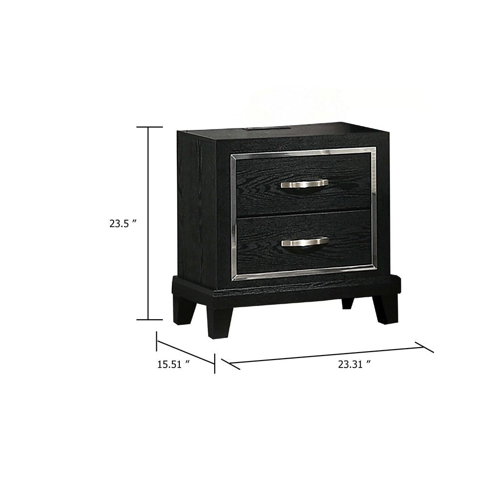 Nightstand w Charging Station | 2 Drawers | Black Rubberwood 24’’ BM341152