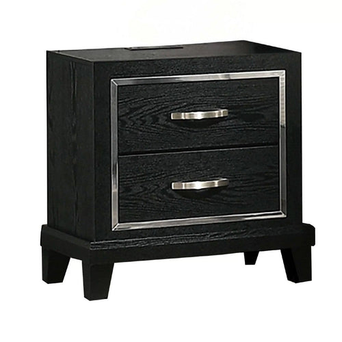 Nightstand w Charging Station | 2 Drawers | Black Rubberwood 24"