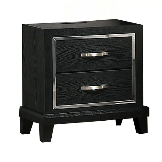 Nightstand w Charging Station | 2 Drawers | Black Rubberwood 24"