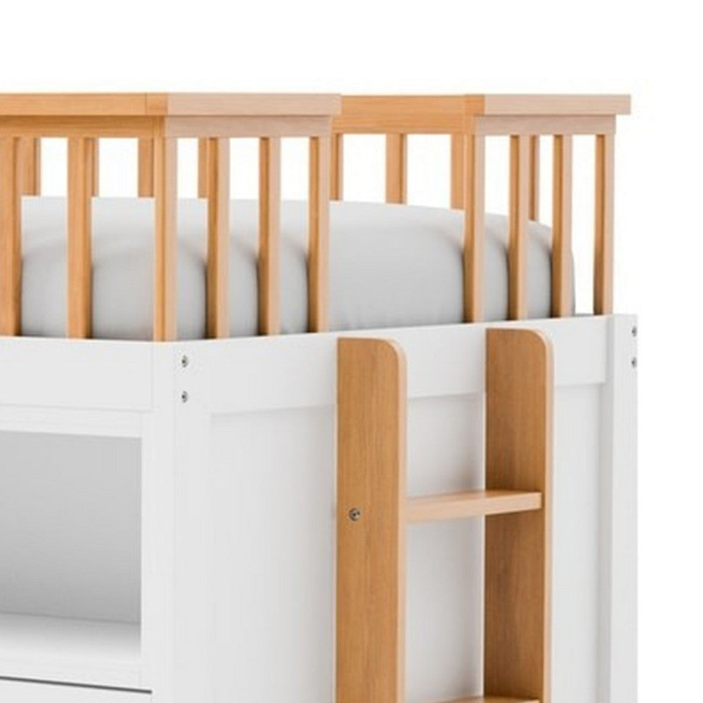 Lexo Twin Bookcase Bunk Bed w Trundle and Ladder | White & Natural Oak BM342275