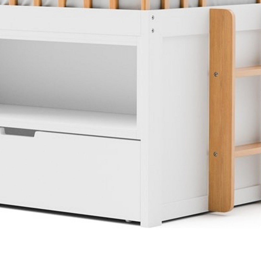 Lexo Twin Bookcase Bunk Bed w Trundle and Ladder | White & Natural Oak BM342275