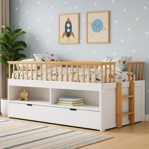 Lexo Twin Bookcase Bunk Bed w Trundle and Ladder | White & Natural Oak