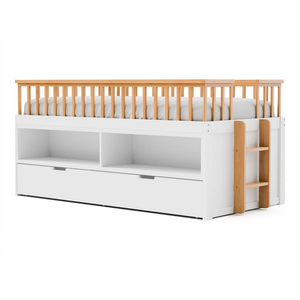Lexo Twin Bookcase Bunk Bed w Trundle and Ladder | White & Natural Oak