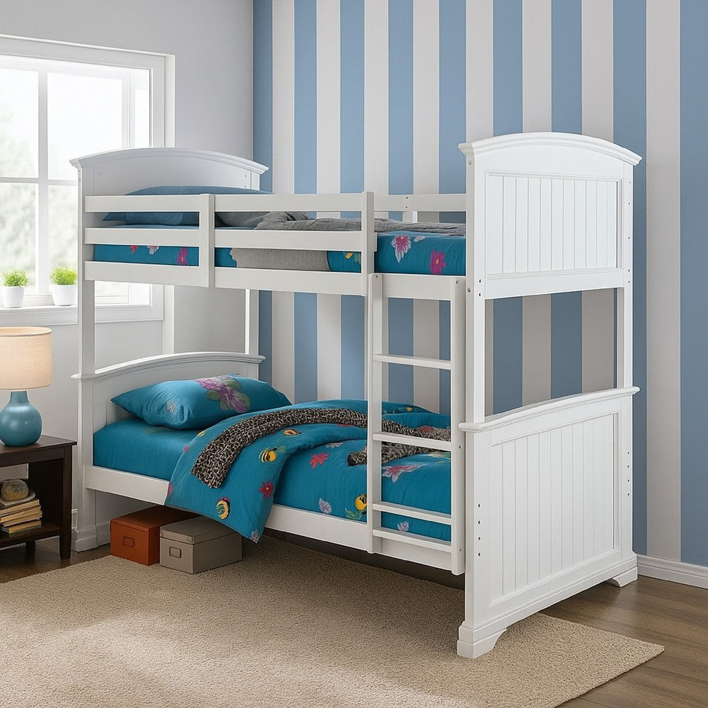 Rexo Twin over Full Bunk Bed w Ladder | Plank Style Headboard | White BM342276