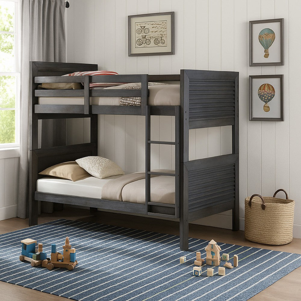 Wexo Twin over Twin Bunk Bed | Charcoal Brown Slat Design and Ladder BM342279