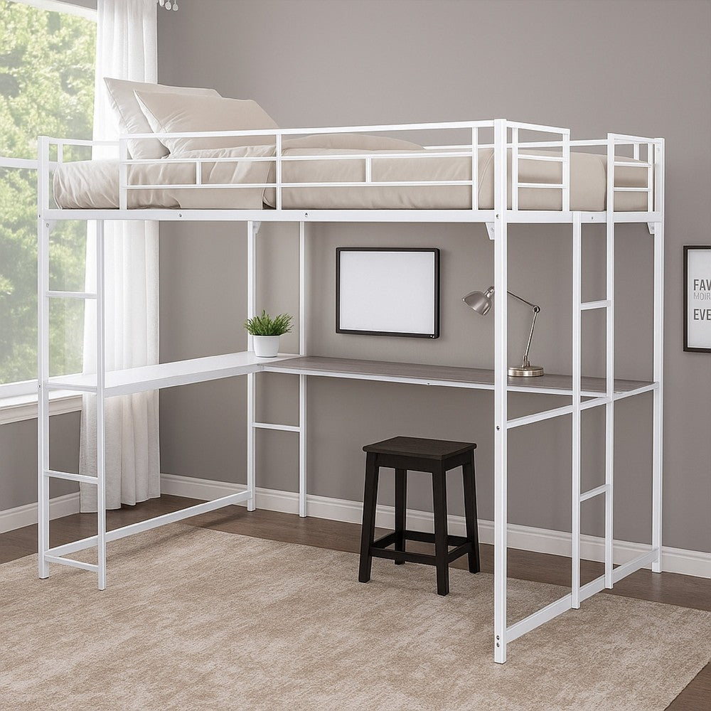 Dexo Twin Loft Bed w Built in Workstation and Ladder | White Metal BM342283