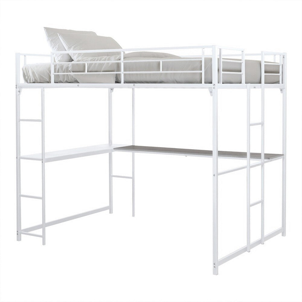 Dexo Twin Loft Bed w Built in Workstation and Ladder | White Metal