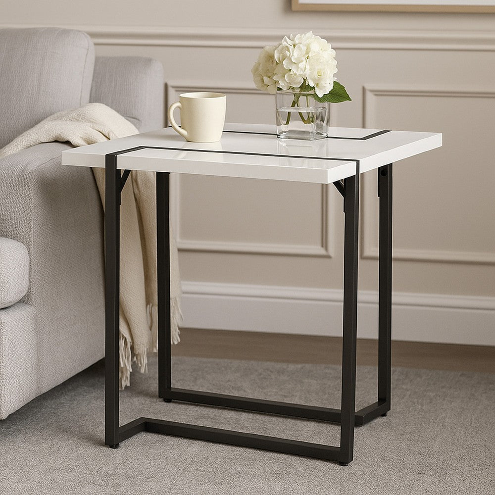 Iry Side End Table | Black Steel Sled Base | 22" | Gloss White Lacquer