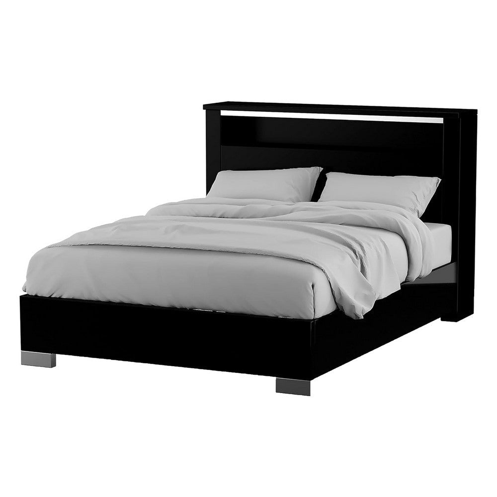Cari Queen Size Bed | LED Bookcase Headboard | Black and Chrome