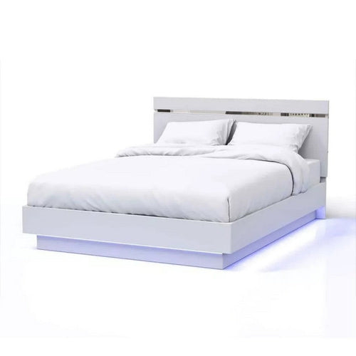 Pero Queen Size Bed | Chrome Accent Headboard | White LED Footboard
