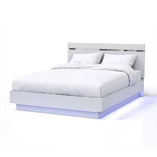 Pero Queen Size Bed | Chrome Accent Headboard | White LED Footboard