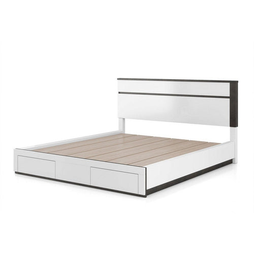 Kena Queen Size Bed | White Gray Panel Headboard | Footboard Storage Drawers