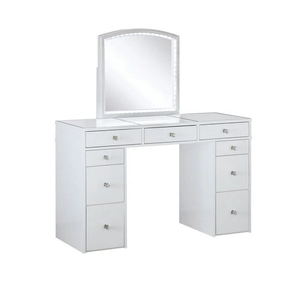 Texo 3pc White Vanity Table Set w LED Mirror and Beige Padded Stool