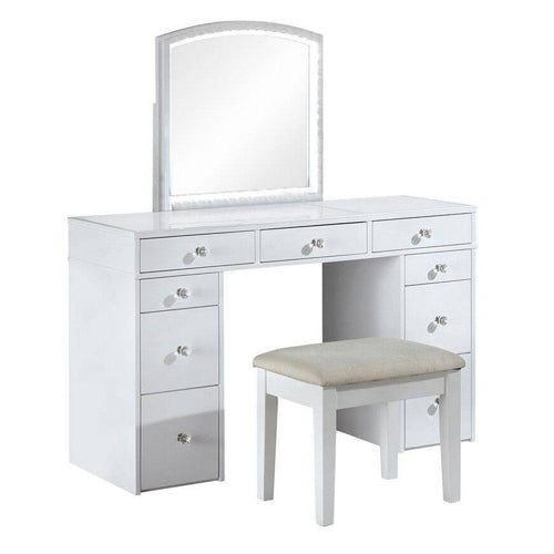 Texo 3pc White Vanity Table Set w LED Mirror and Beige Padded Stool