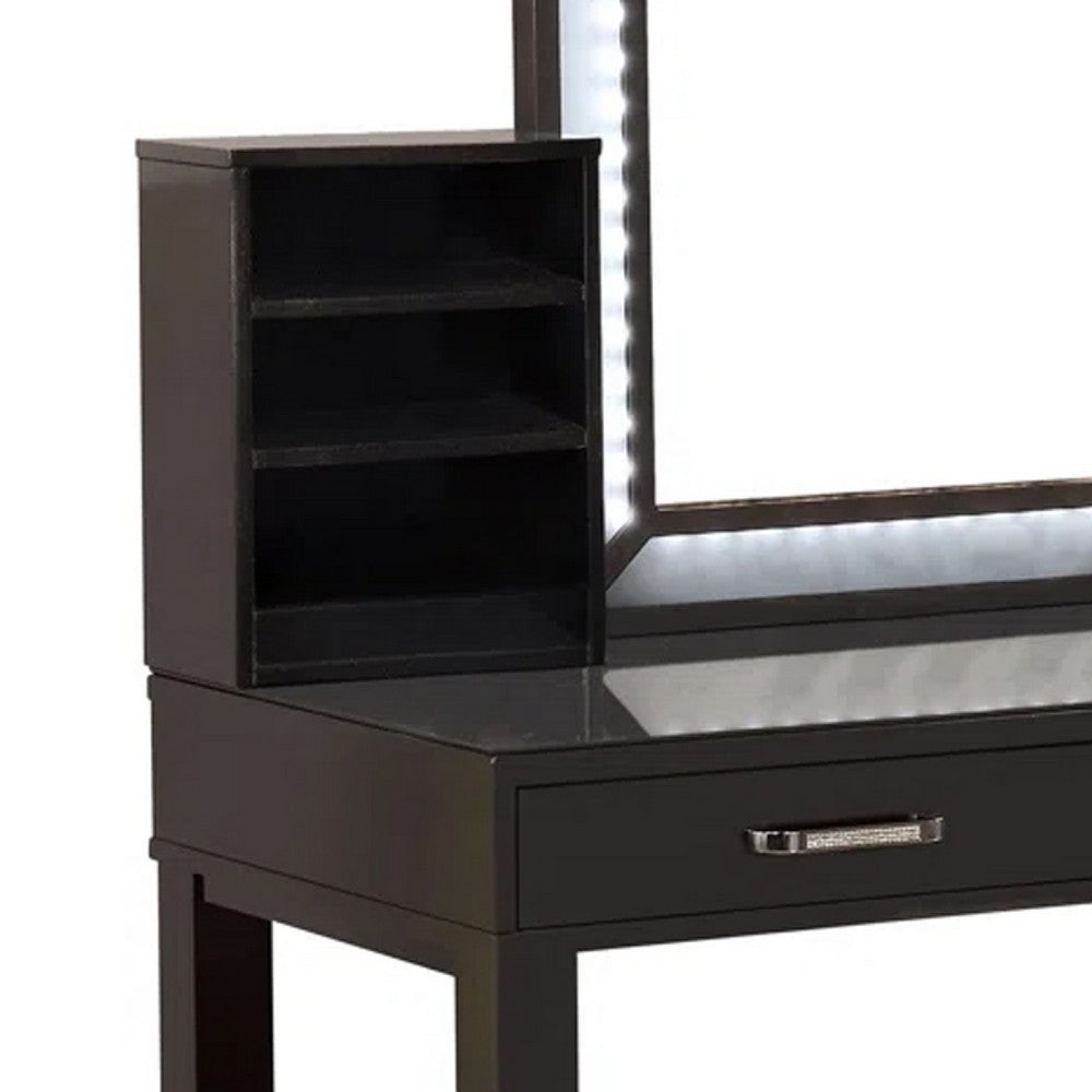 Jexo 3pc Cherry Vanity Table Set w LED Mirror | 3 Drawer | Gray Padded Stool