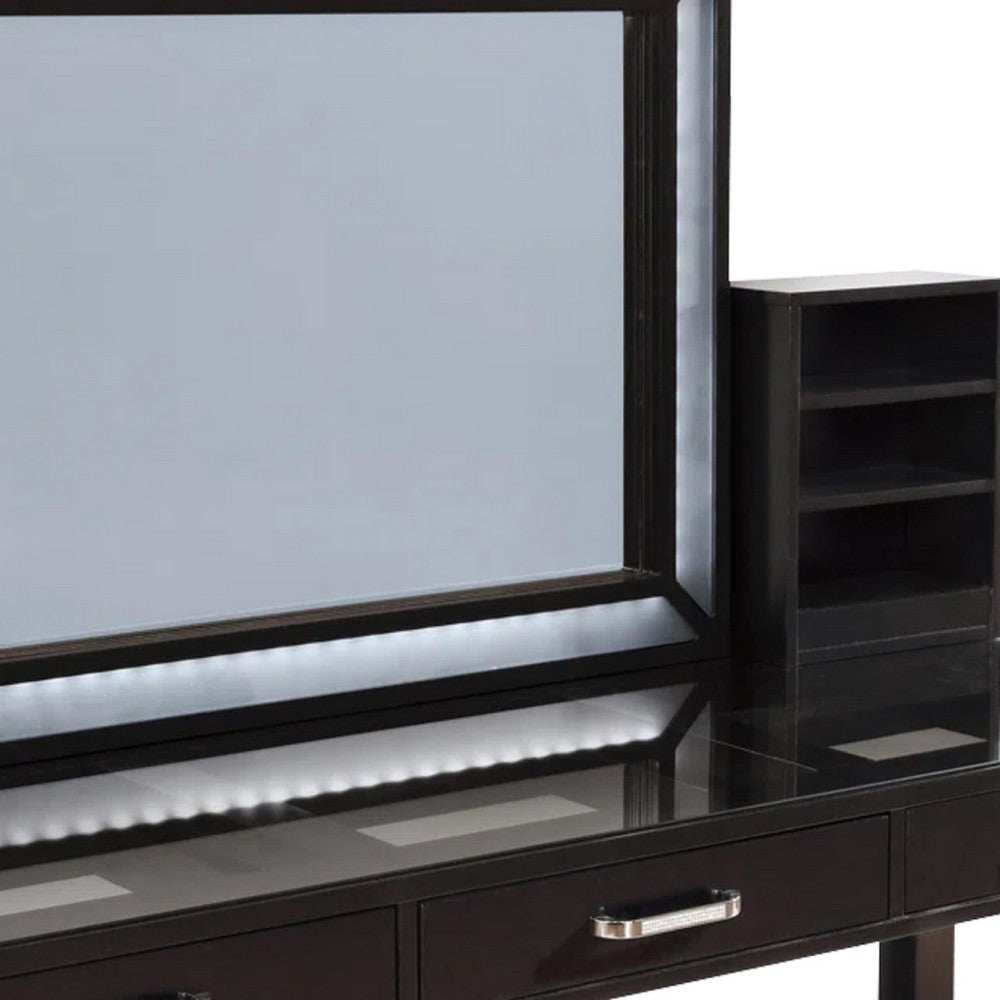 Jexo 3pc Cherry Vanity Table Set w LED Mirror | 3 Drawer | Gray Padded Stool BM342299