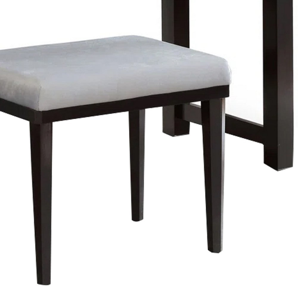 Jexo 3pc Cherry Vanity Table Set w LED Mirror | 3 Drawer | Gray Padded Stool