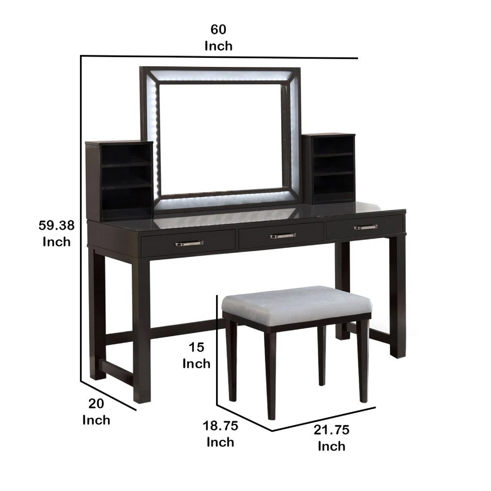 Jexo 3pc Cherry Vanity Table Set w LED Mirror | 3 Drawer | Gray Padded Stool
