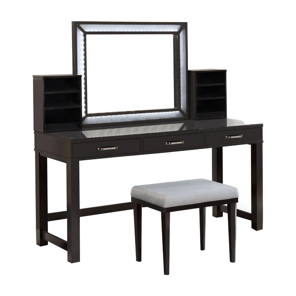 Jexo 3pc Cherry Vanity Table Set w LED Mirror | 3 Drawer | Gray Padded Stool