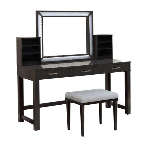 Jexo 3pc Cherry Vanity Table Set w LED Mirror | 3 Drawer | Gray Padded Stool