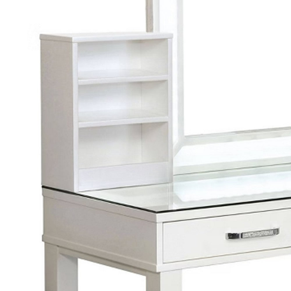 Jexo 3pc White Vanity Table Set w LED Mirror | 3 Drawer | Gray Stool