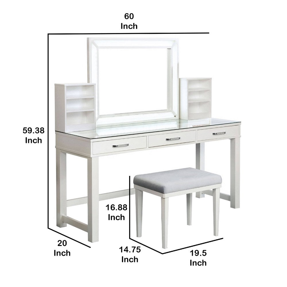 Jexo 3pc White Vanity Table Set w LED Mirror | 3 Drawer | Gray Stool