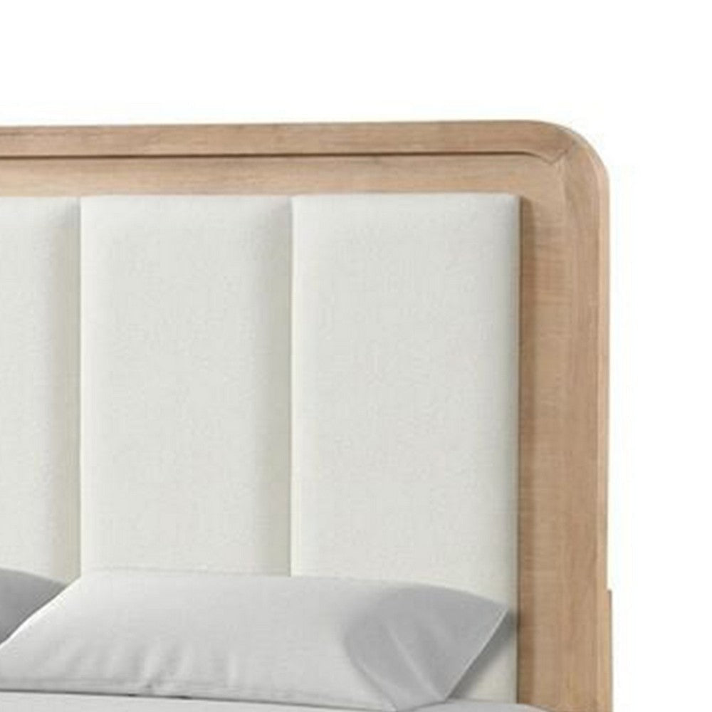 Rexa Queen Bed | White Upholstered Channeled Headboard | Natural Brown Wood BM342302