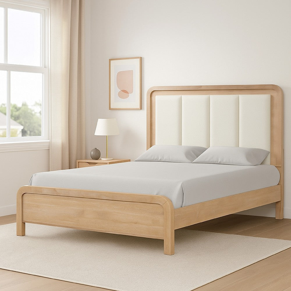 Rexa Queen Bed | White Upholstered Channeled Headboard | Natural Brown Wood BM342302