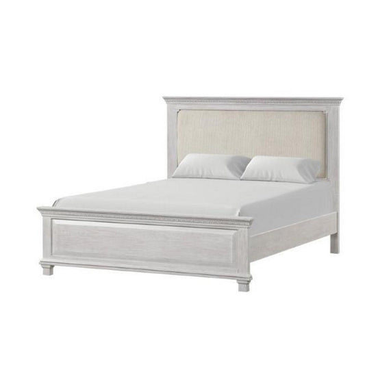 Leyne Queen Bed | Cream Upholstery | Dentil Molding Weathered Gray Wood