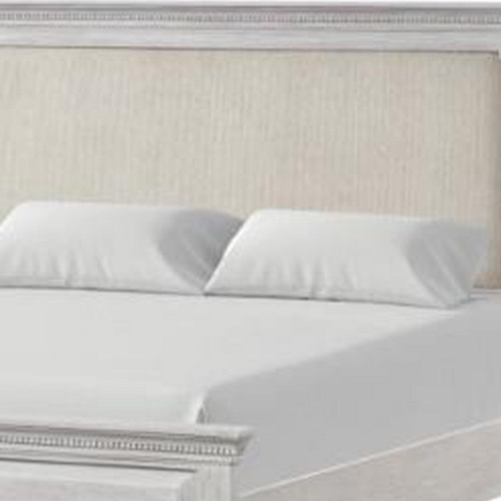 Leyne Queen Bed | Cream Upholstery | Dentil Molding Weathered Gray Wood BM342304