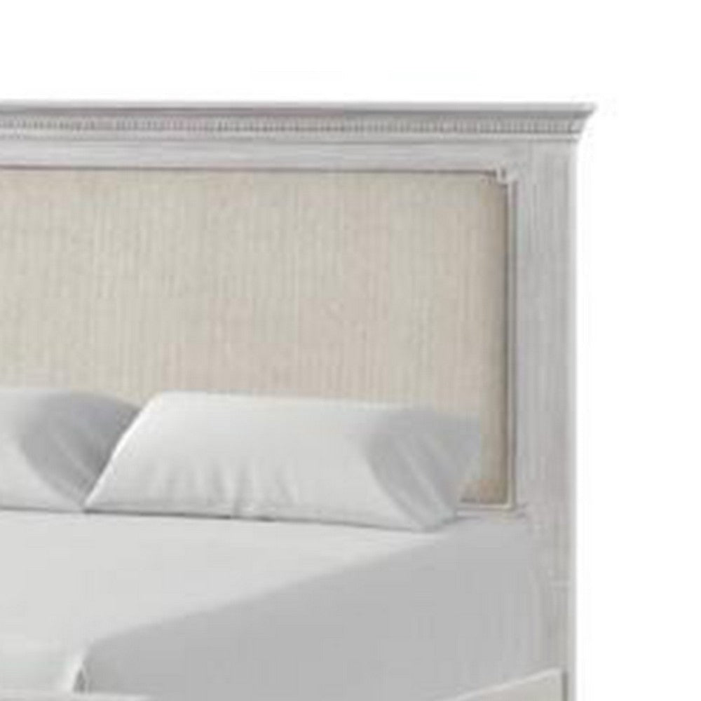 Leyne Queen Bed | Cream Upholstery | Dentil Molding Weathered Gray Wood BM342304