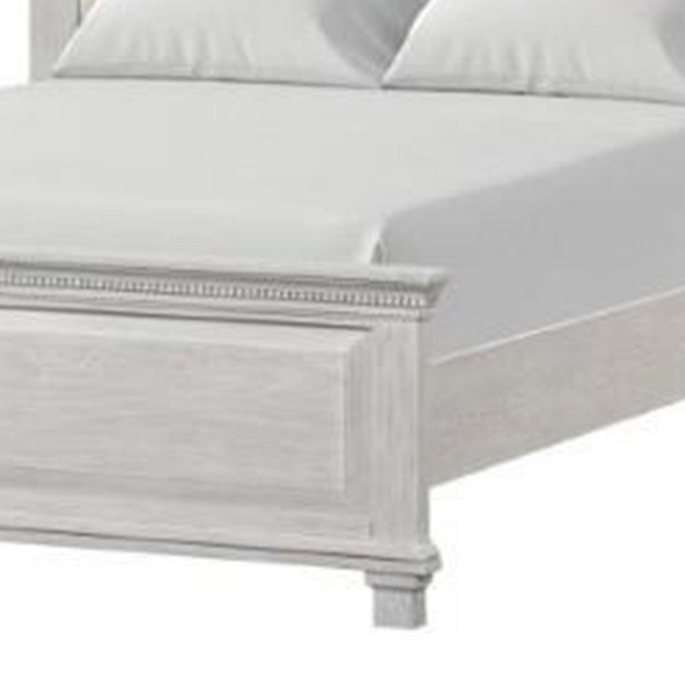 Leyne Queen Bed | Cream Upholstery | Dentil Molding Weathered Gray Wood BM342304