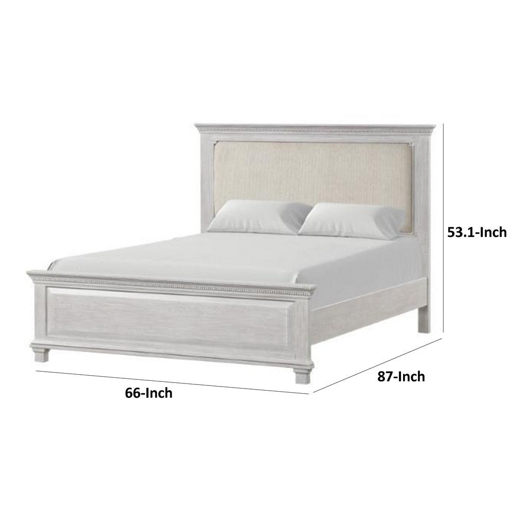 Leyne Queen Bed | Cream Upholstery | Dentil Molding Weathered Gray Wood BM342304