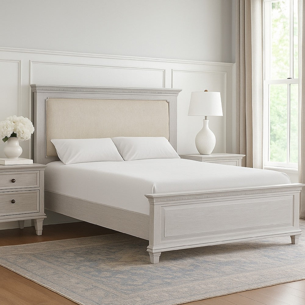 Leyne Queen Bed | Cream Upholstery | Dentil Molding Weathered Gray Wood BM342304