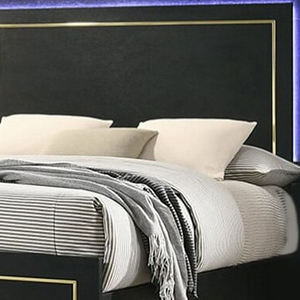 Lati Queen Bed | LED Headboard | Gold Trim and Bracket Legs | Black Wood BM342309