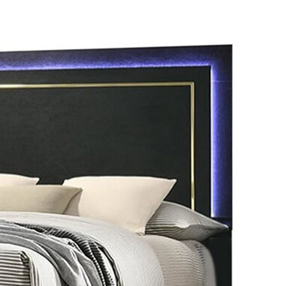Lati Queen Bed | LED Headboard | Gold Trim and Bracket Legs | Black Wood BM342309