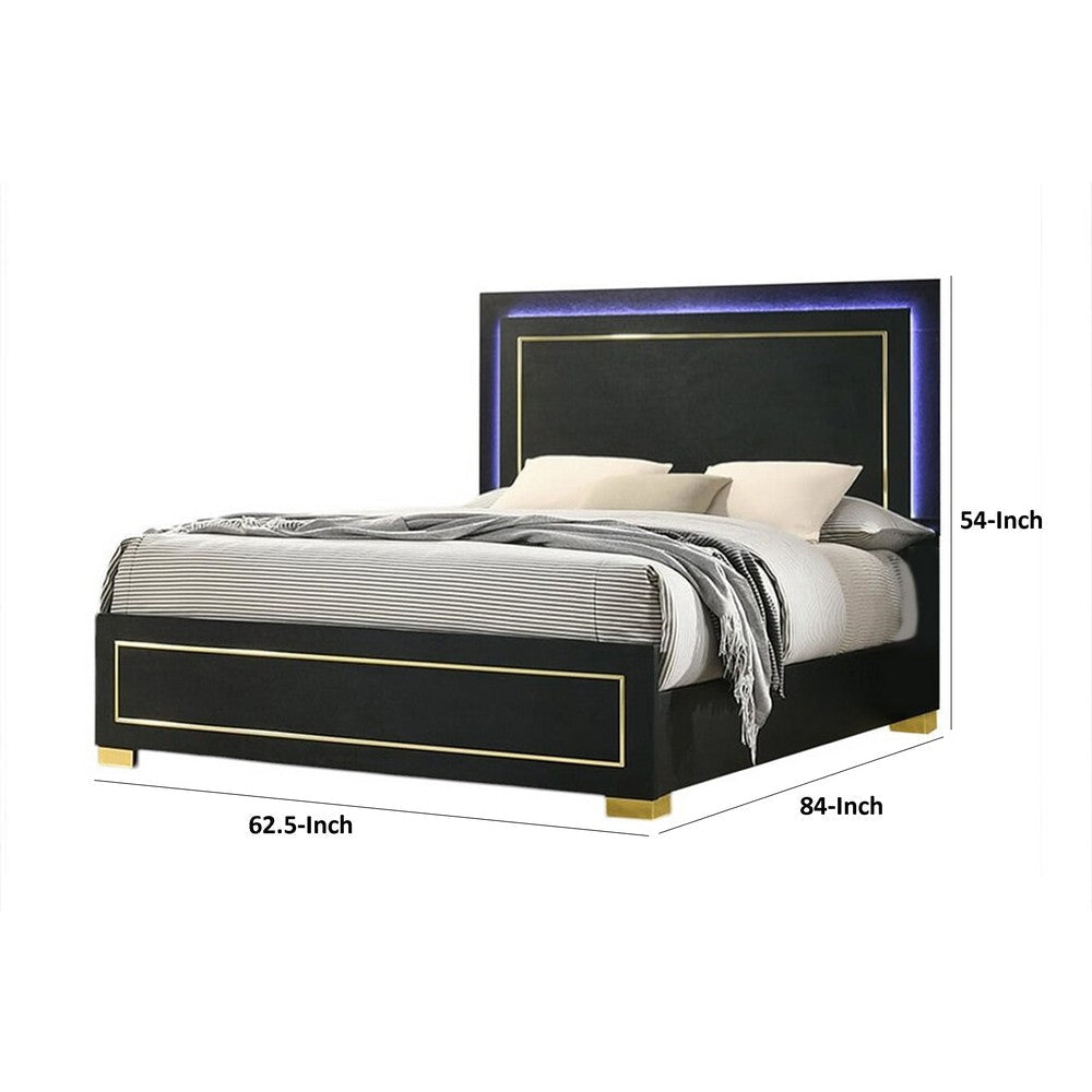 Lati Queen Bed | LED Headboard | Gold Trim and Bracket Legs | Black Wood BM342309