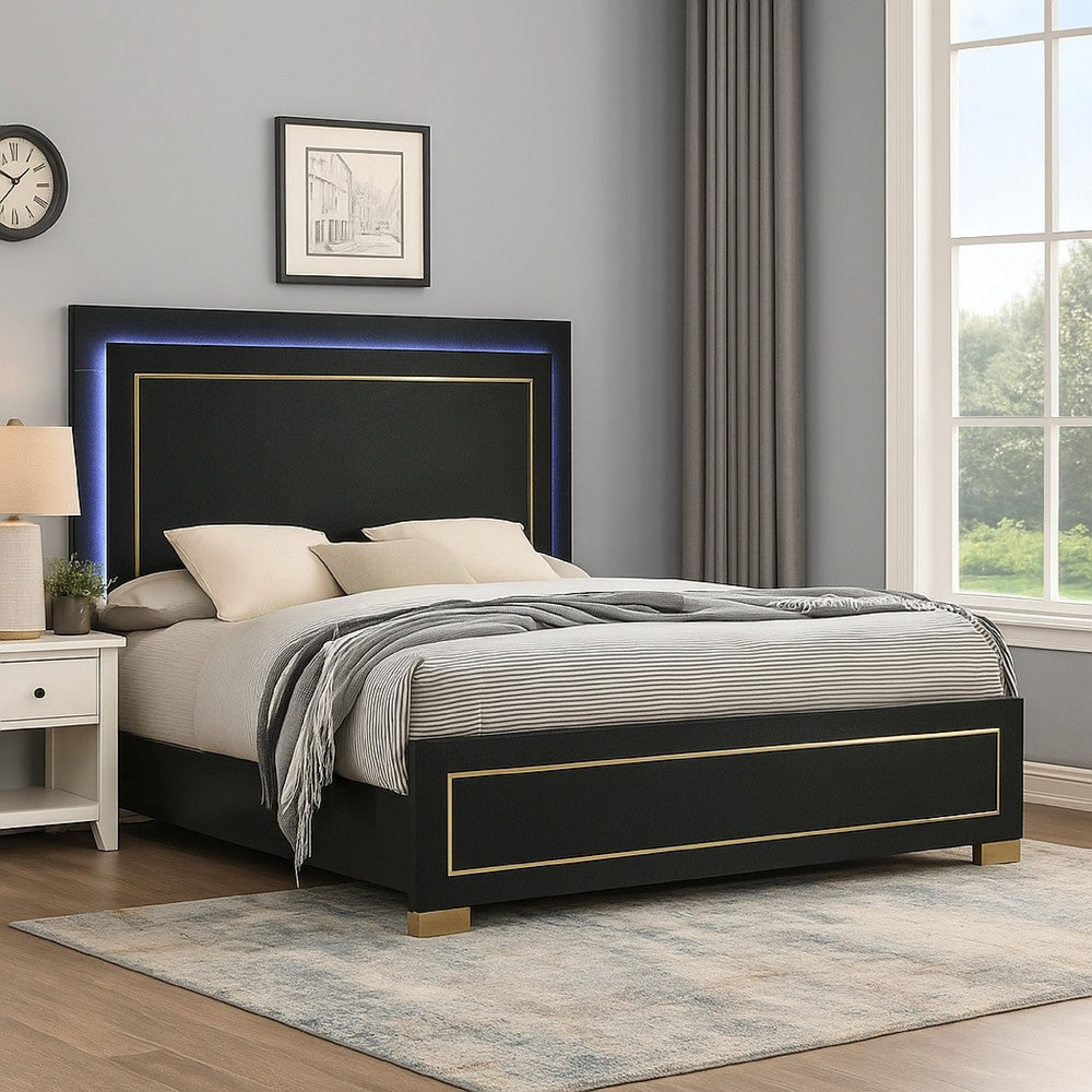 Lati Queen Bed | LED Headboard | Gold Trim and Bracket Legs | Black Wood BM342309