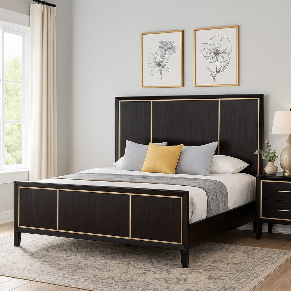 Yada Queen Bed w Gold Trim Accents | Tapered Legs | Espresso Brown Wood BM342315