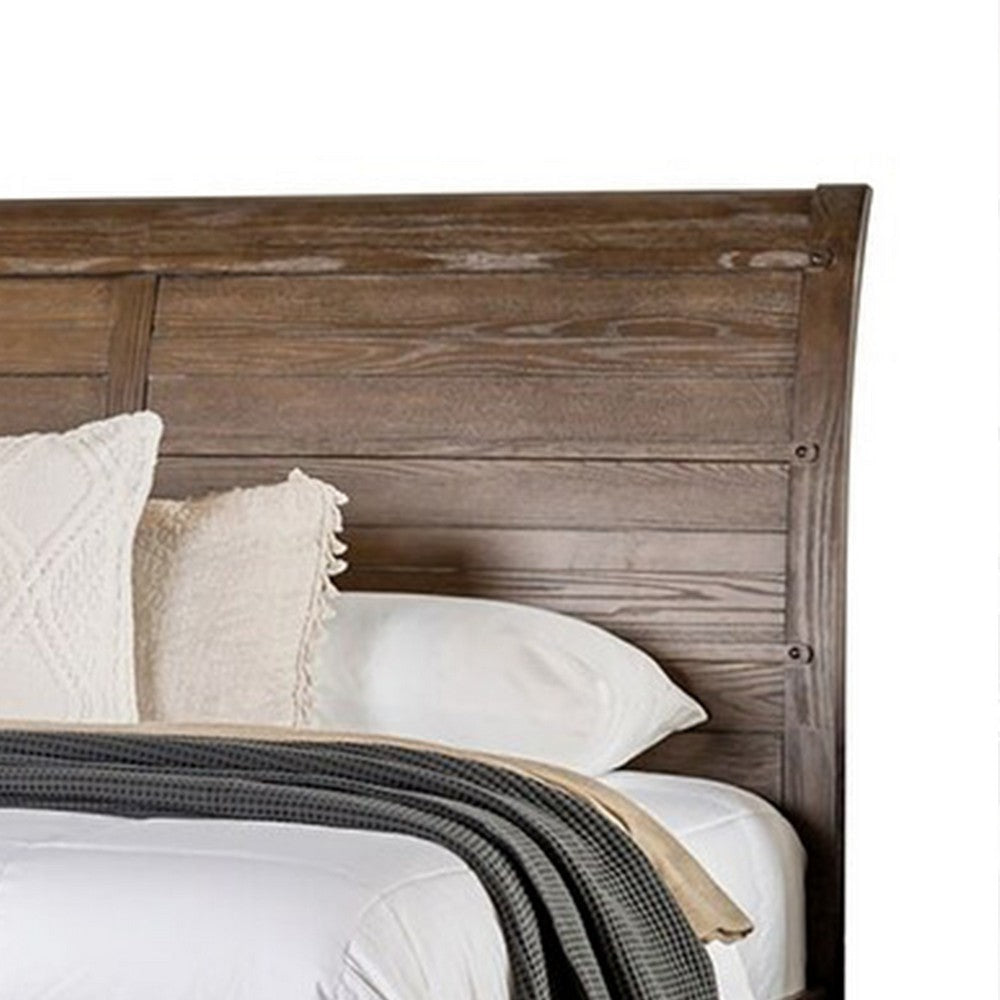 Merry Queen Bed | Curved Panel Headboard | Rivet Accents | Brown Wood BM342316