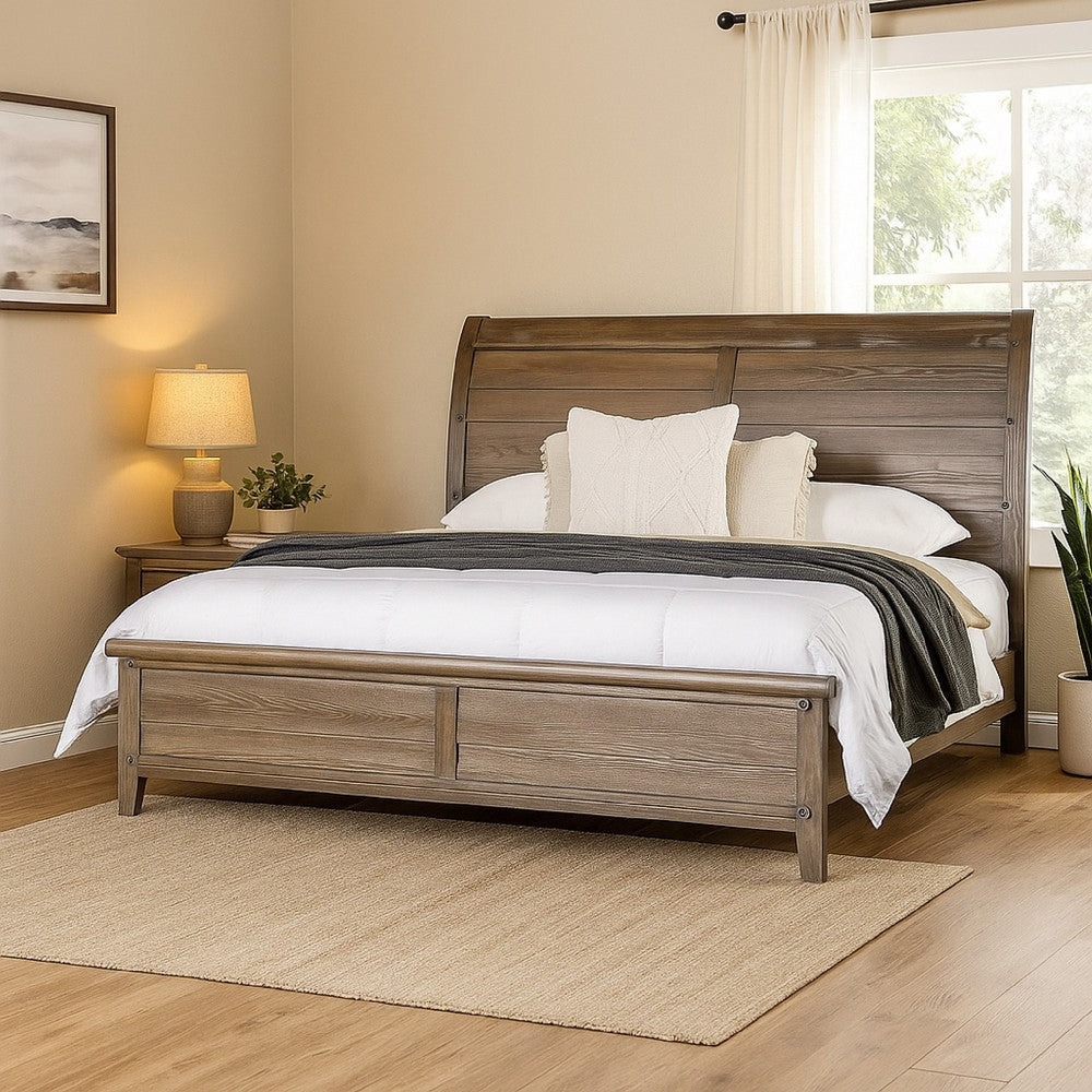 Merry Queen Bed | Curved Panel Headboard | Rivet Accents | Brown Wood BM342316