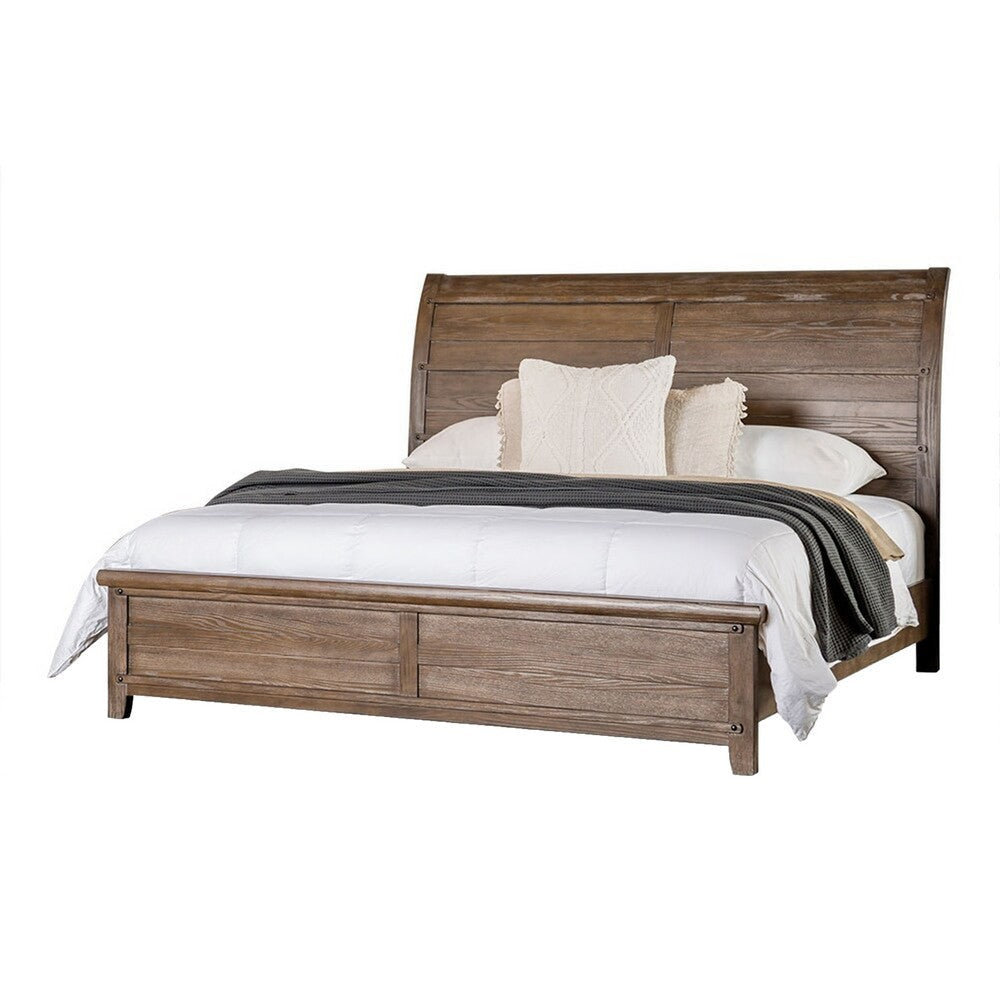 Merry Queen Bed | Curved Panel Headboard | Rivet Accents | Brown Wood