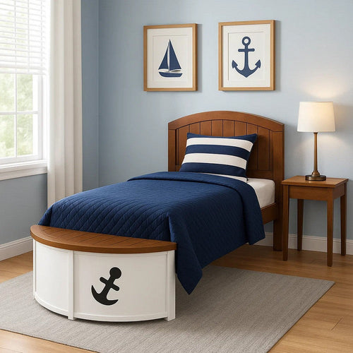 Evon Captain Twin Bed | Trundle and Storage | Boat Design | White and Oak Brown