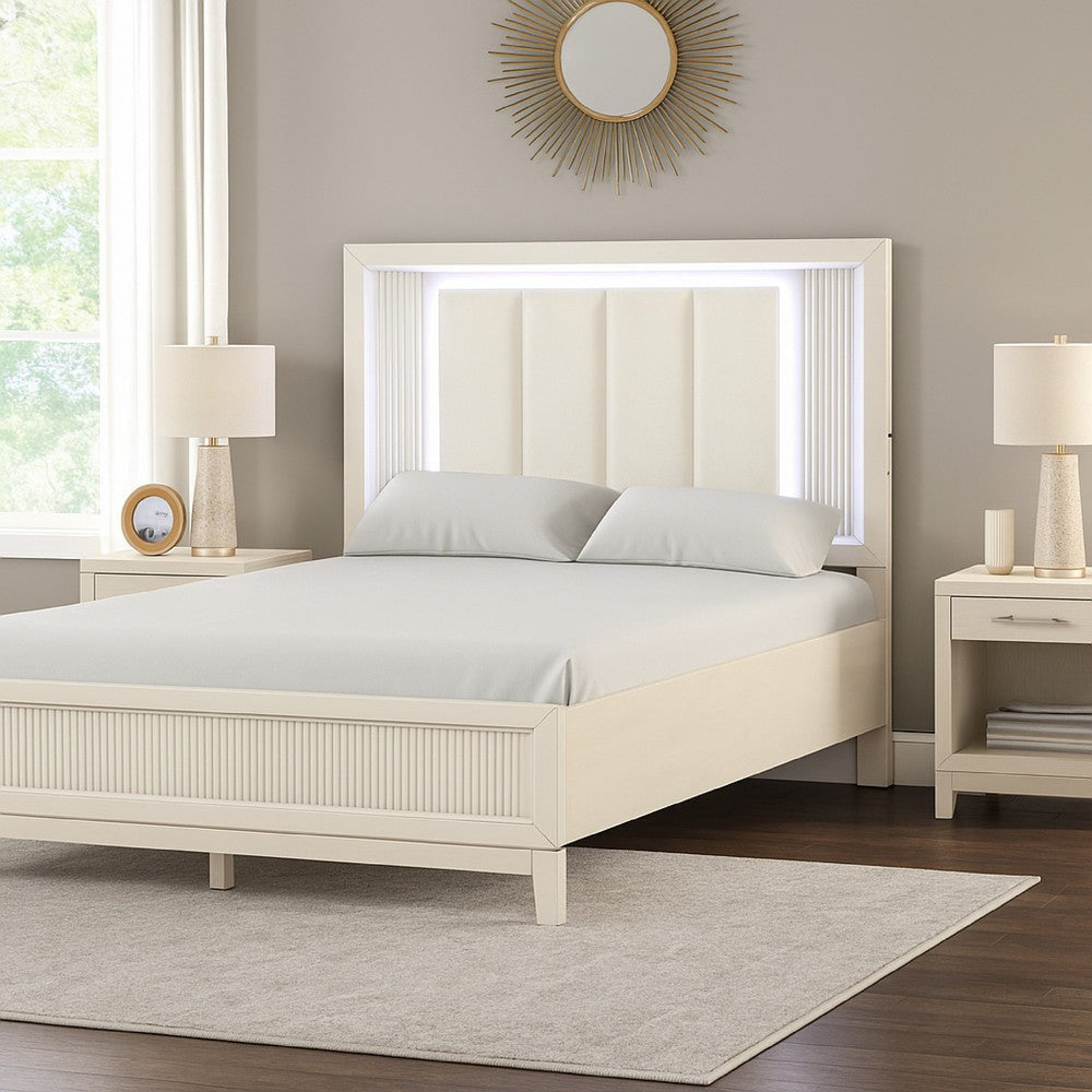 Toi Queen Bed | LED Headboard w Tufted Upholstery | Fluted Antique White BM342319