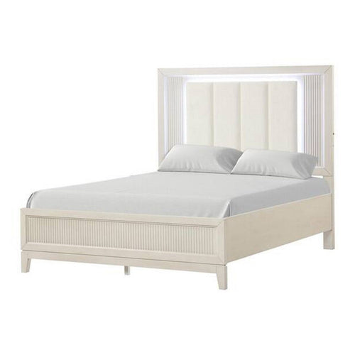 Toi Queen Bed | LED Headboard w Tufted Upholstery | Fluted Antique White