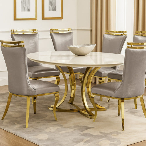 Pedy Dining Side Chair Set of 2 | Gray Faux Leather | Gold Saber Legs