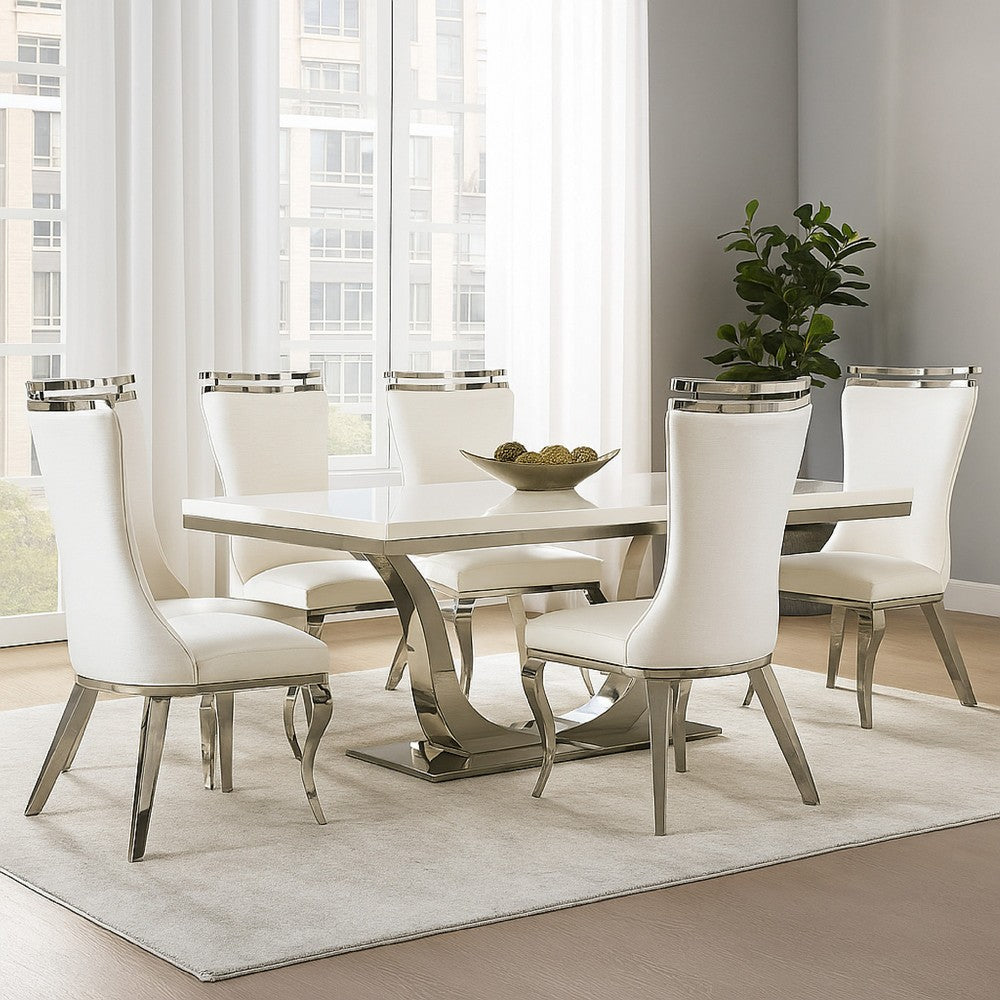 Bedy Dining Side Chair Set of 2 | Textured White Velvet | Silver Saber Legs